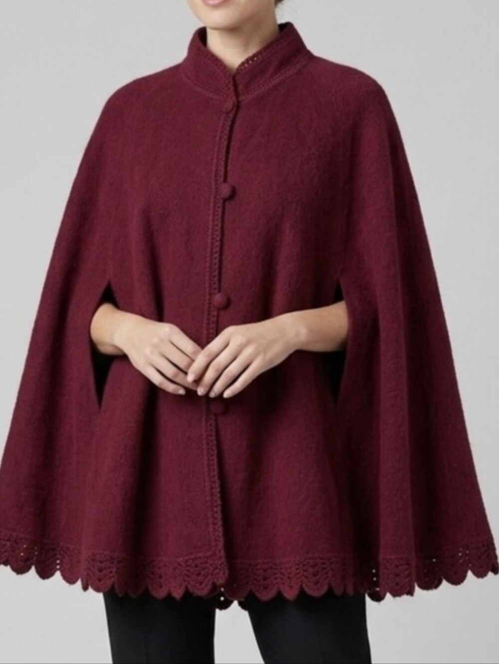 Women's Burgundy Button-Front Knit Cape Sweater